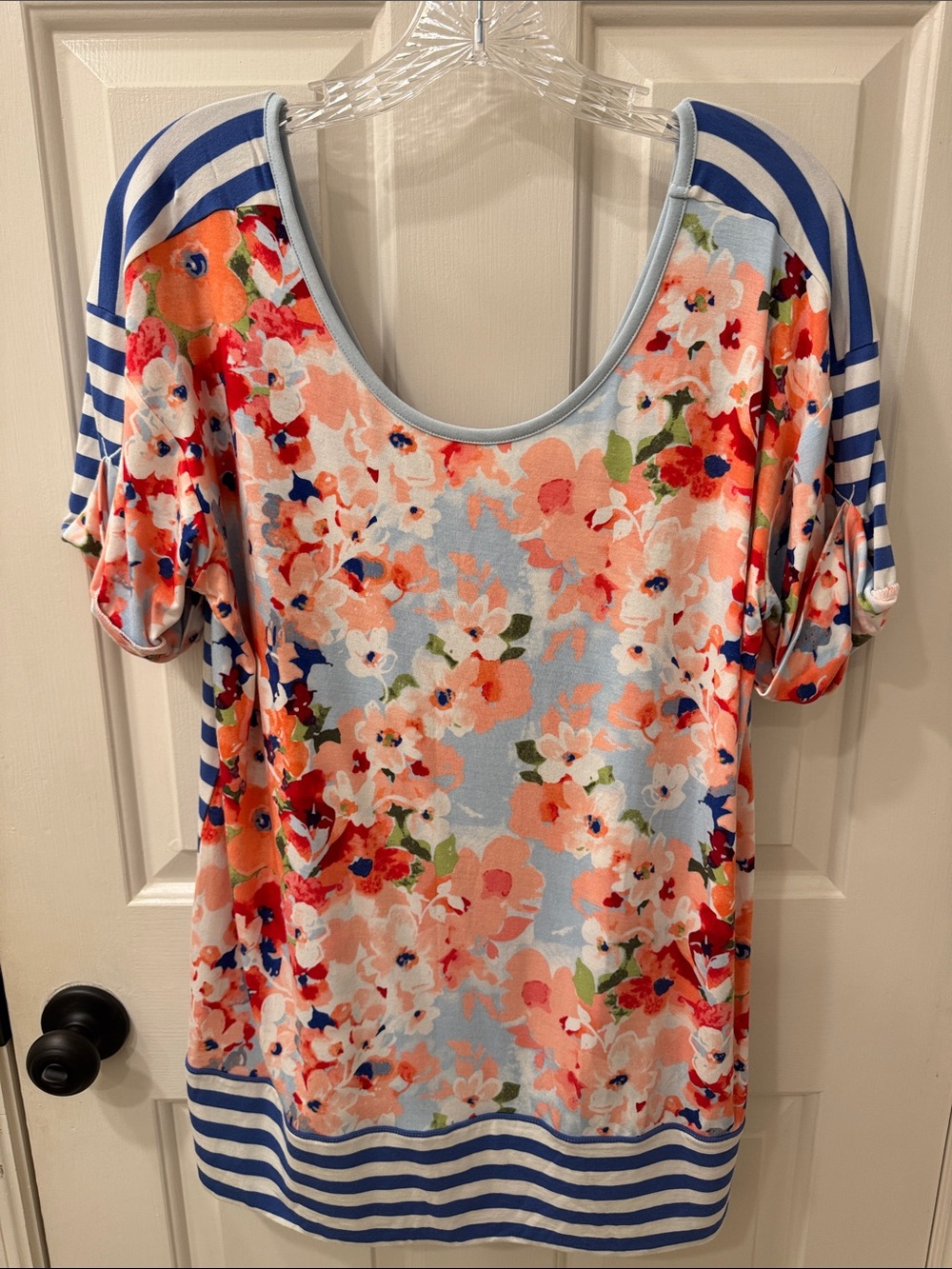 Matilda Jane Coral Floral Scoop Neck Top with Light Blue Stripe Accents